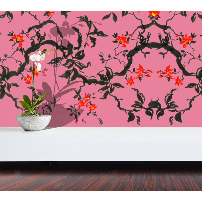 ARBRE ET FLEURS ROUGES SUR ROSE