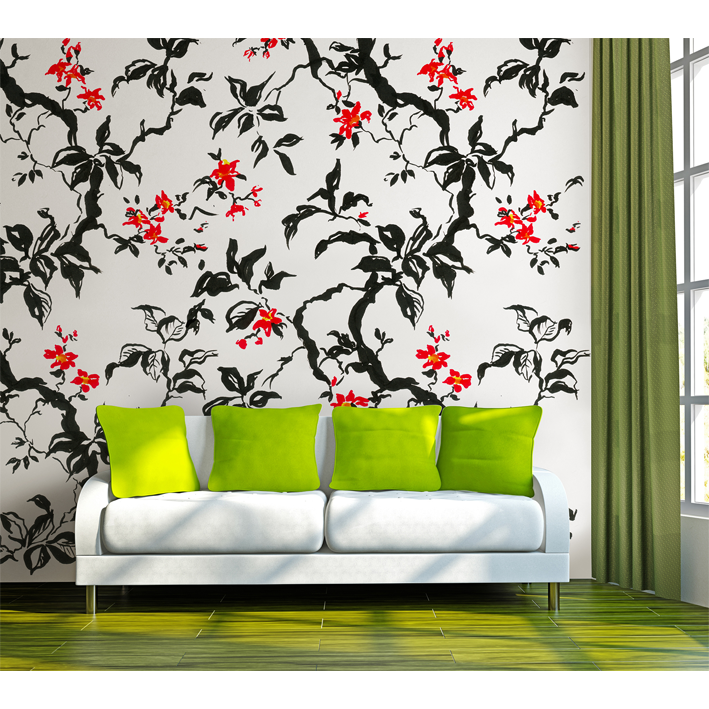 ARBRE ET FLEURS ROUGES SUR BLANC