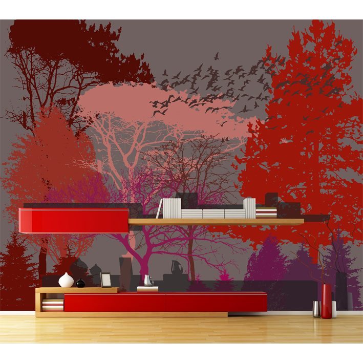 ARBRES ROUGES ET OISEAUX