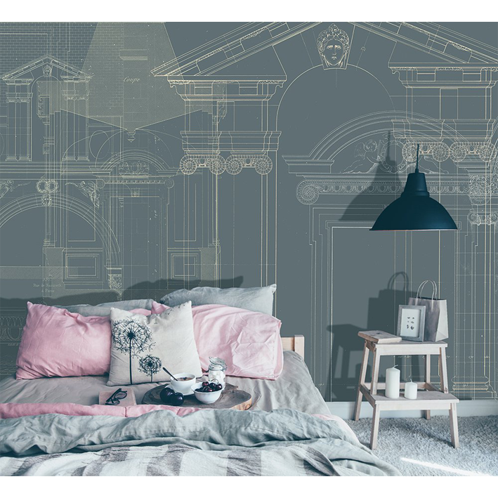 WALLPAPER “ARCHITECT'S DRAWING ON A DARK GREEN BACKGROUND