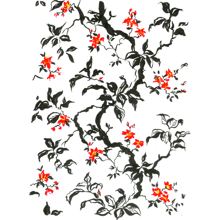 ARBRE ET FLEURS ROUGES SUR BLANC