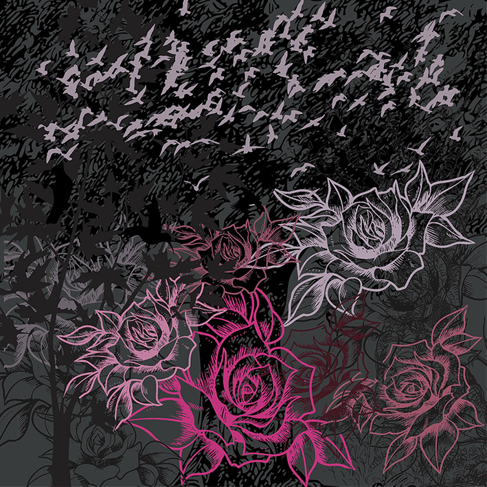 ARBRE ET OISEAUX ROSE SUR GRIS